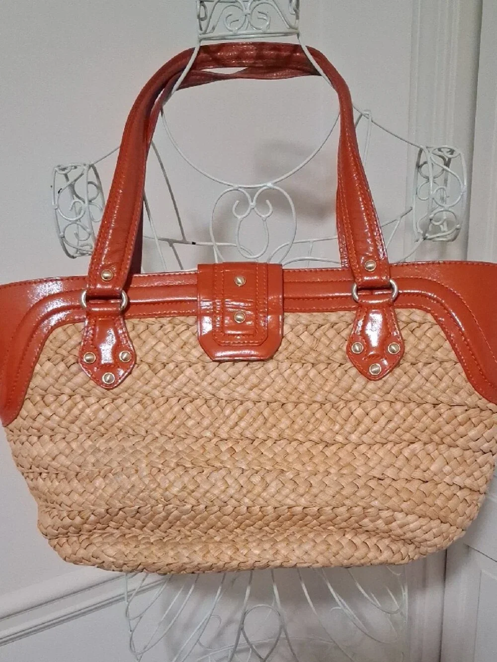 MICHAEL Michael Kors Woven Straw Tote with Burnt Orange Patent Trim
